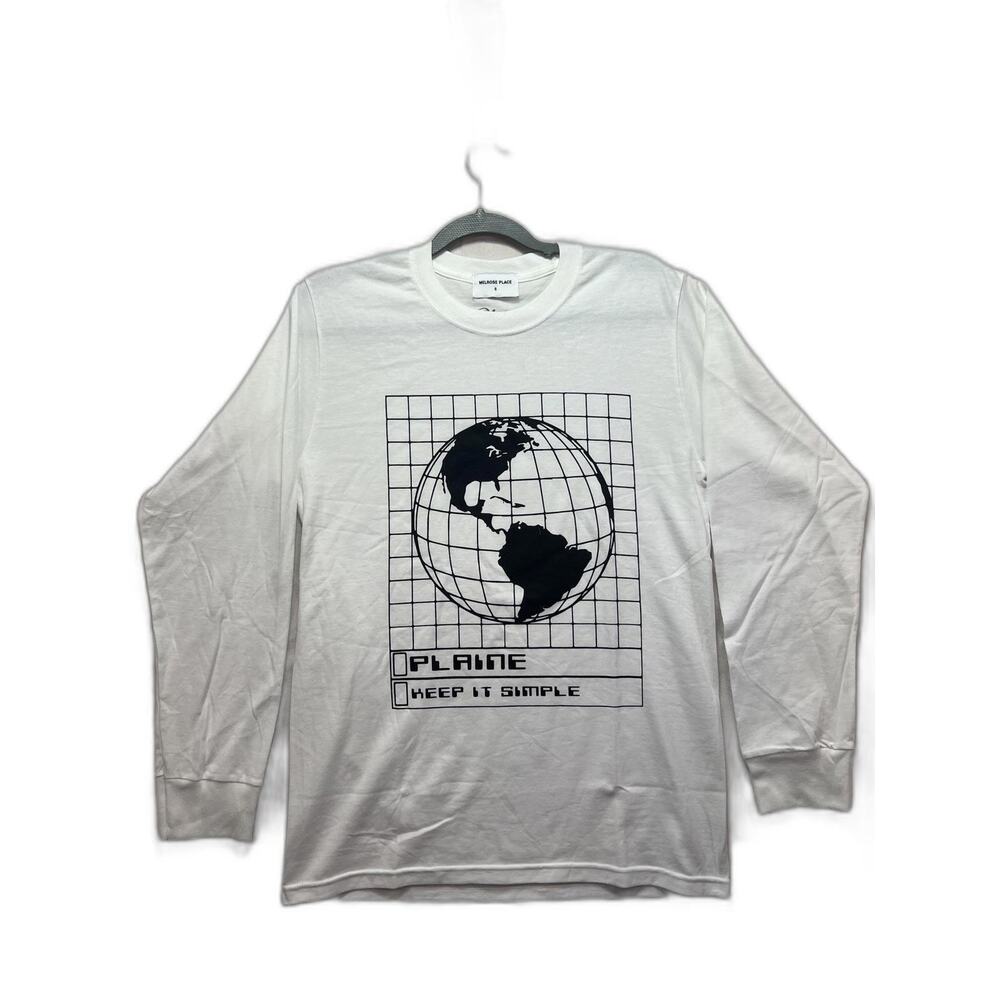 Melrose Place Shirt Men's Small White Long Sleeve Planet Earth Grid Graphic Tee